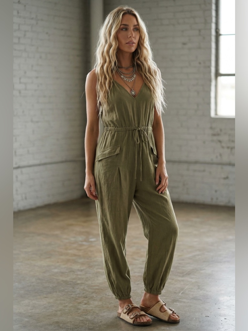 NWT Eesome Stone Washed Drawstring Jogger Jumpsuit Jumper Olive